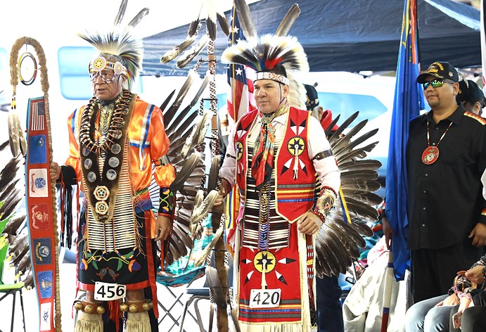 two Native Elders in Powwow attire